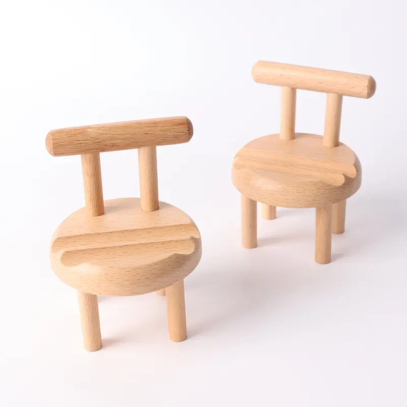 2023 hot sell promotional gift Desktop mini chair decoration Solid wood stool Mobile phone stand wooden mobile phone holders