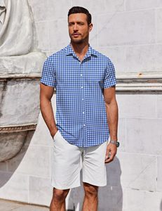 Men's <b>Blue</b> Plaid Short Sleeve Stand Collar Button Shirts Breathable Casual Summer Beach Vacation <b>Gingham</b> Check Polyester/Cotton - Product Image 1