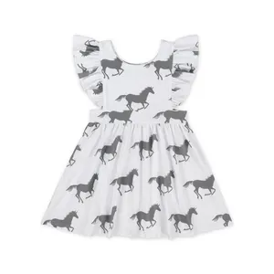Hot selling Fashion Horse Print Kids Dress Girls O-neck Flare Sleeve pearl Dress Baby Girl Clothing dresses