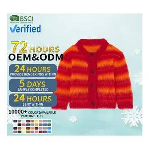 Custom LOGO OEM & ODM Women Crpped Mohair Cardigan Sweater Designer Luxury Red Orange Striped Knit Mohair Knitwear Cardigan