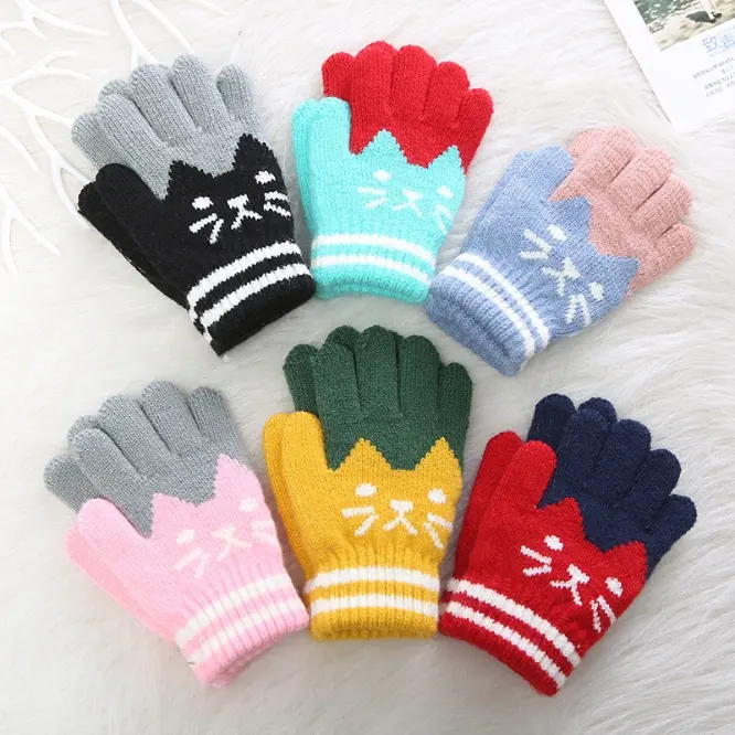 Children Winter Gloves with Cat Smail design Kids Five Finger Gloves