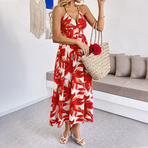 Vestido sin mangas con cuello en V y estampado de hojas en rojo para vacaciones de verano en <span class=keywords><strong>la</strong></span> playa, venta al por mayor directamente de fábrica. - Product Image 4