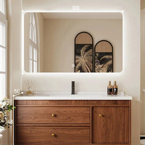 Gabinete de Baño Estilo Nogal con Acabado Pintado al Horno, Luz LED Monocromática, Espejo Inteligente y Lavabo Blanco - Product Image 4