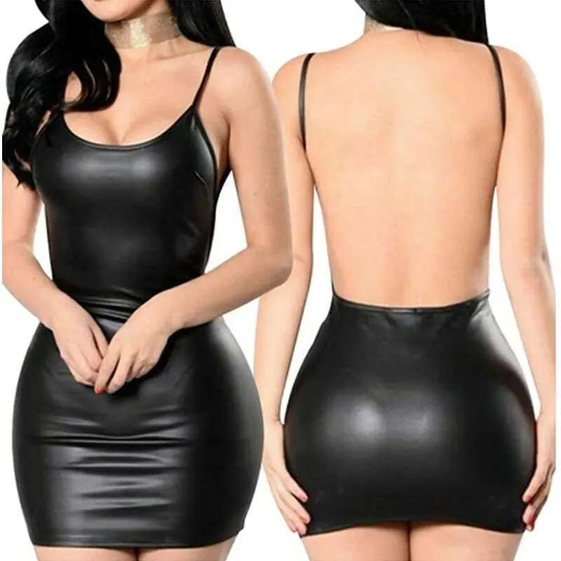 Mùa Hè Sexy Faux Leather Dress Backless Câu Lạc Bộ Bên Ngắn Ăn Mặc Rắn Đen Wet Look Latex Bodycon Push Up Bra Mini Micro Dress