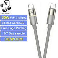 Cable de Datos USB-C a USB-C de Silicona con Carga Rápida PD3.0 de 60W, Luz LED Cálida y Corriente de 3A para Dispositivos Tipo C, OEM