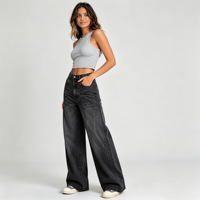 Jean noir délavé pour femme, taille haute, coupe ample, jambe large, extensible, en denim, style décontracté pour tous les jours