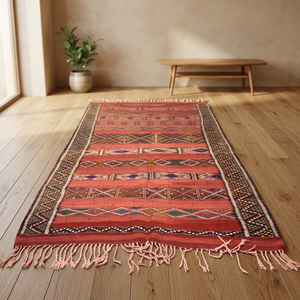 Tapis rectangulaire marocain fait main en laine à imprimé animalier, style bohème, tissage plat avec franges et support en jute pour salon - Product Image 2