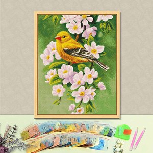 Kit de Peinture Diamant Oiseau Jaune avec Fleurs, Perles Rondes, Kit d'Art DIY, Décoration Pastorale Encadrée Rectangulaire en Strass de Cristal - Product Image 1