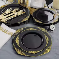 125 assiettes jetables vintage en plastique PS noires avec bord doré, 7,5 pouces et 10,25 pouces, pour 25 invités, mariage, fête