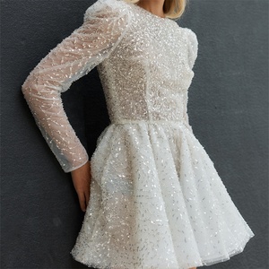 RUOLAI SW012 Luxury a Line abiti da sposa corti a manica lunga O scollo <span class=keywords><strong>con</strong></span> paillettes da donna abiti da ballo da sposa larghi - Product Image 2