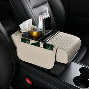 Boîte d'accoudoir multifonction pour voiture, organisateur de console centrale, porte-gobelet, rangement pour mouchoirs, housse en cuir beige - Product Image 2