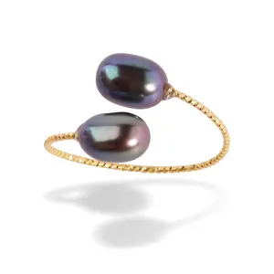 18K Gold Plated Hawaii Freshwater Black Pearl Hammer Ring Adjustable Pearl Rings