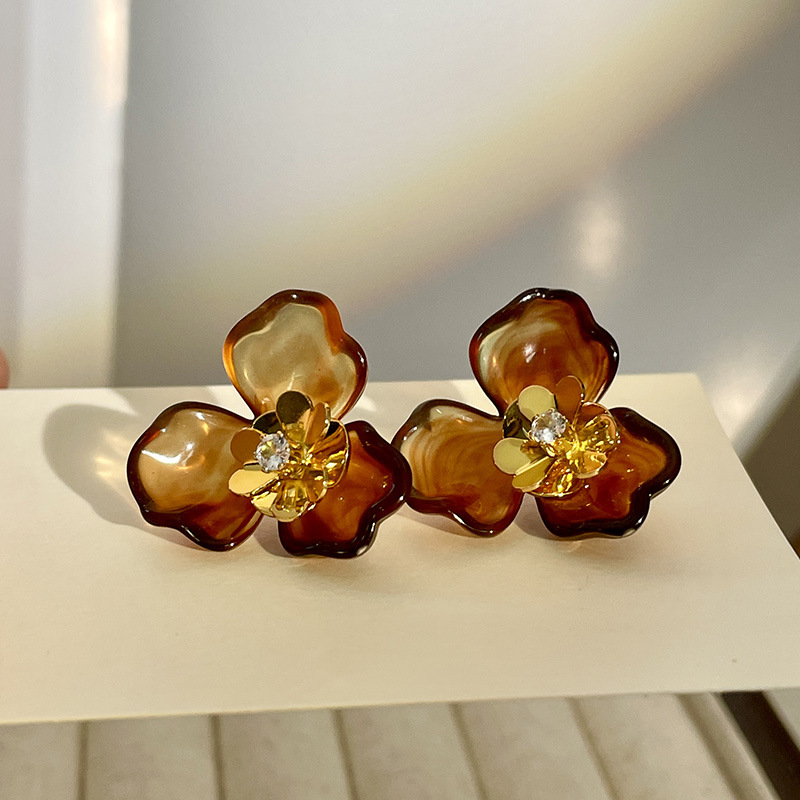 2409080 caramel ambre fleur boucles d'oreilles (s925 argent aiguille)