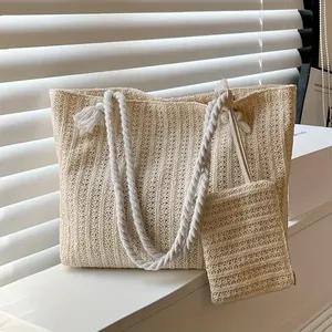 Sac à main de plage d'été fait à la main pour femmes Sac à main en paille décontracté tissé à deux bretelles Grande capacité Sac à bandoulière - Product Image 3