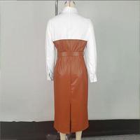 Trendige Herbst Bürokleider für Damen Lässiges PU-Leder Patchwork Kontrastfarben Langarm Hemdkleid mit Gürtel