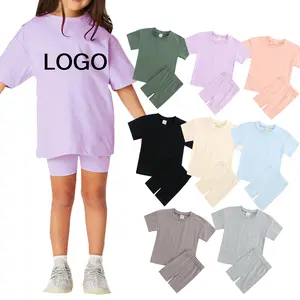 Custom logo Summer blank Kids clothes Girls clothing sets 2pcs Short sleeve cotton set girls t shirts with cotton string shorts