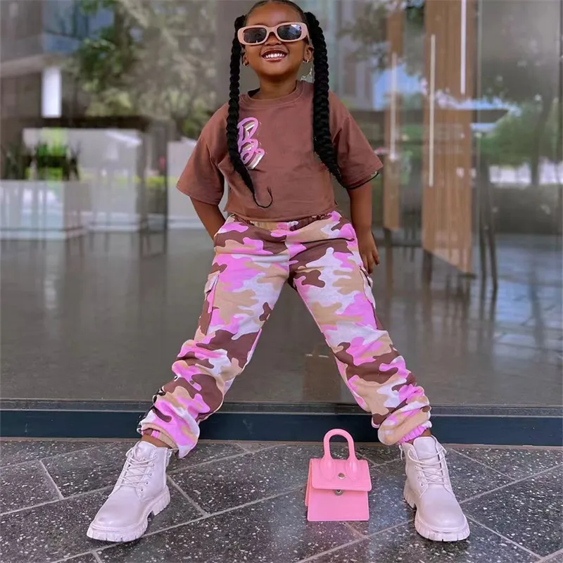 2024 Fashion Newest Baby Girls 2 Pieces Clothes Sets Luxury Tshirt Camouflage Trouser Kids Summer Clothing Outfits