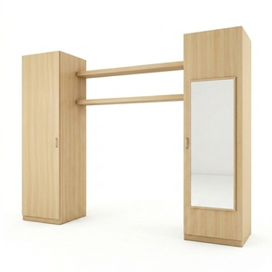 Armoire de lit en contreplaqué et placage de frêne blanc Sungkai, finition naturelle, unité de rangement pour chambre à coucher avec miroir et étagères - Product Image 1