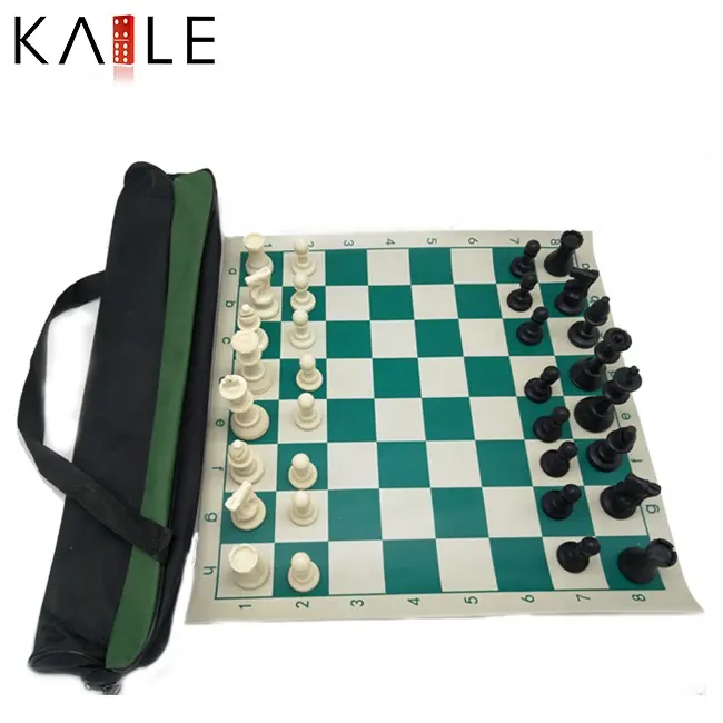 Professional outdoor plastic chess set with green canvas travel chess bag manufacture for playing game