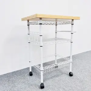 Cesta de estante de alambre ajustable para panaderos de cocina de Color blanco para el hogar con parte superior de bambú para cesta de estante de alambre