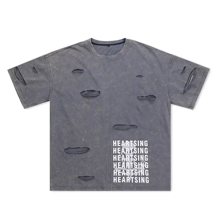 Qianzun wholesale grey distressed heavyweight oversized custom vintage acid wash t shirts for men
