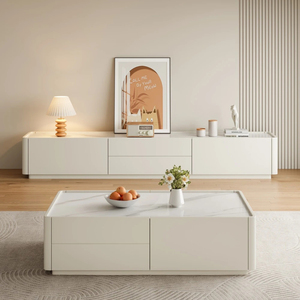 Ensemble console <span class=keywords><strong>TV</strong></span> et table basse blanc crème moderne : matériau éco-responsable, finition haute brillance, rangement avec tiroirs - Product Image 6