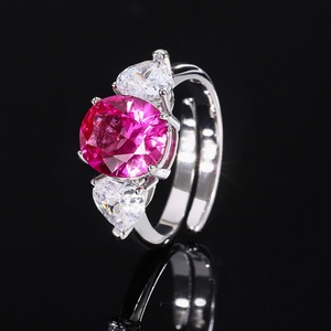 Fashion Jewelry Eco-friendly Copper Oval Cut 9*10mm Rose Red Cubic Zircon Geometric 3 Stone <b>Open</b> Adjustable <b>Rings</b> for Women - Product Image 5