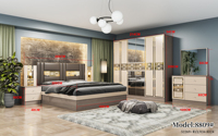Ensemble de chambre à coucher moderne à prix abordable, 5 pièces : lit, armoire, commode, 2 tables de chevet avec fonction massage, petite taille