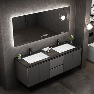 Mueble de Baño Negro de Lujo Ligero con Espejo Inteligente, Gabinete Colgante y Doble Lavabo - Product Image 3