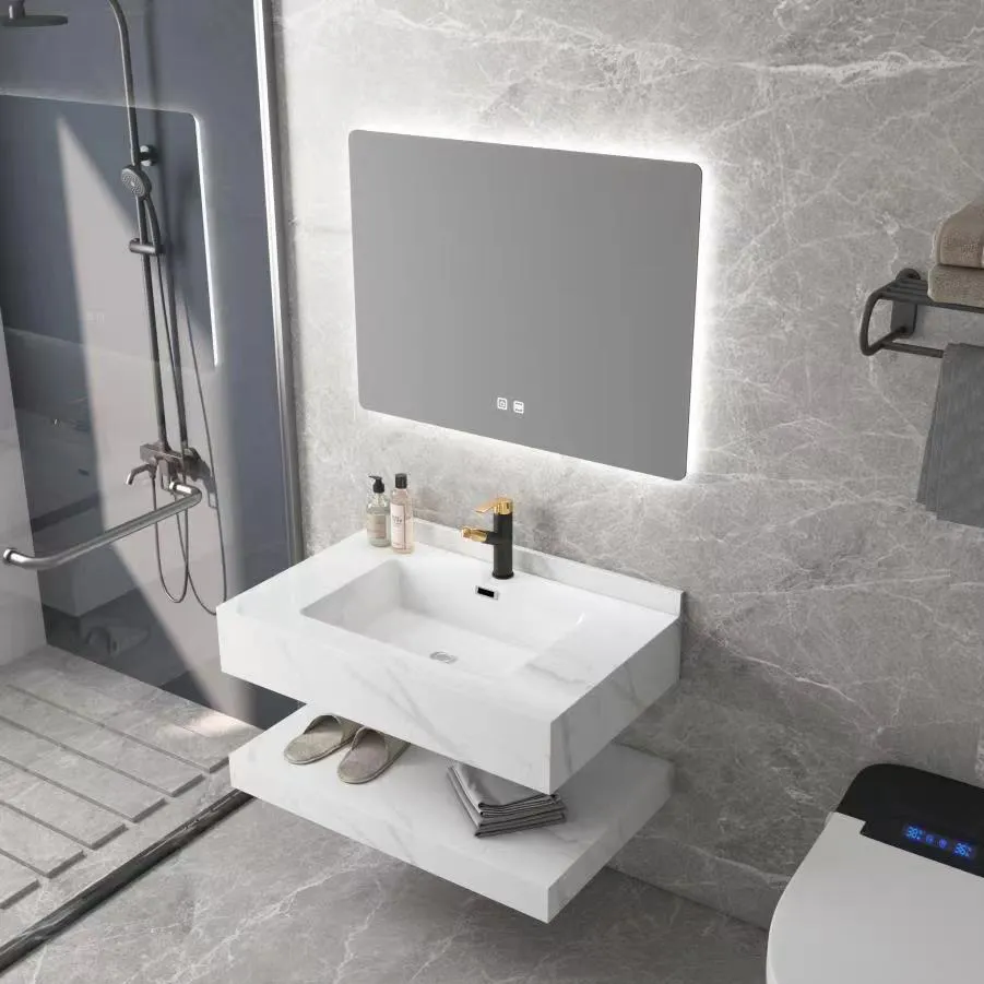 Lavabo rectangular de doble capa para colgar en la pared, lavabo de tocador de baño de lujo, armario de piedra sinterizada blanca, lavabo a mano