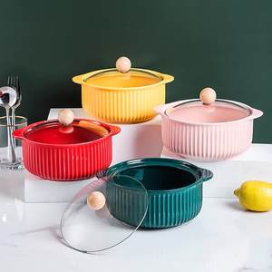 Bol en Céramique Mat de Vaisselle Ménagère avec Couvercle en Verre, Bol à Bulles à Double Anse pour Soupe, Nouilles et Cuisson au Four - Product Image 1