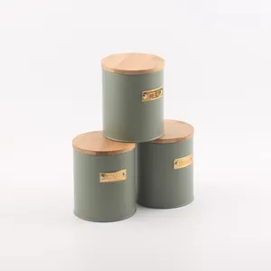 Bamboo Lid Wood Lid Metal Canister Set Storage Tea Sugar Coffee Bean Box & Bins