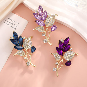 Crystal <b>Leaf</b> Rhinestone Brooch Women's Party Accessory Zinc Alloy Claw Setting Dark Blue <b>Light</b> Purple Deep Purple 6x4cm Plant - Product Image 1