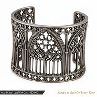 Brazalete Ancho Personalizado de Latón Ecológico con Filigrana de Arco de Catedral Gótica, Fundido por la Método de la Cera Perdida, con Acabado en Rutenio Negro, Joyería AIU, Estilo Oscuro, OEM, Venta al por Mayor