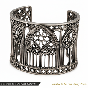 Bracciale largo personalizzato in ottone ecologico con filigrana a arco <span class=keywords><strong>gotico</strong></span>, finitura nero rutenio, stile Dark Fashion, produzione OEM all'ingrosso - Product Image 1