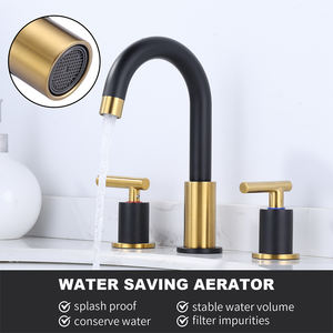 Coperta montata <span class=keywords><strong>3</strong></span> fori diffuso rubinetto bagno <span class=keywords><strong>2</strong></span> manico nero e oro miscelatore rubinetto lavabo lavello rubinetto rubinetto bagno - Product Image 3