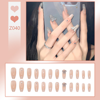 Oferta Especial: 24 Uñas Postizas Cuadradas con Punta Francesa Color Nude, Diseño 3D con Lazo y Diamantes de Imitación, Reutilizables, de ABS, con Pegamento para Mujer