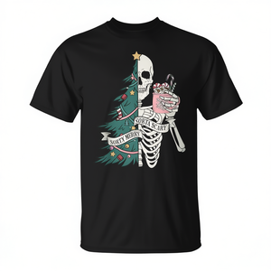 Sorta Scary Merry Christmas <b>Skeleton</b> Tree <b>T</b>-<b>Shirt</b> Black Unisex Adult Crew Neck Short Sleeve Silk Screen Printed - Product Image 2