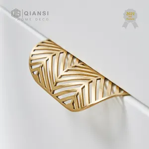 Qiansi HK0058Leaf Shape Modern light luxury furniture drawer copper handle Furniture Wardrobe Drawer Pull Knob Brass Door Handle