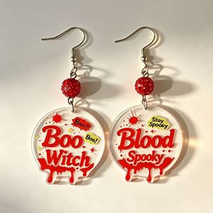 Boucles d'oreilles pendantes en acrylique avec lettres effet sang coulant pour Halloween, motif rond 'Boo' et texte effrayant, bijoux de fête gothiques - Product Image 4