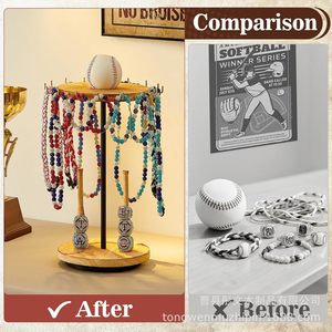 Wooden Baseball Ring <b>Display</b> <b>Stand</b> With Necklace Rack <b>Rotatable</b> Desktop Storage For Jewelry And Champion Rings - Product Image 4