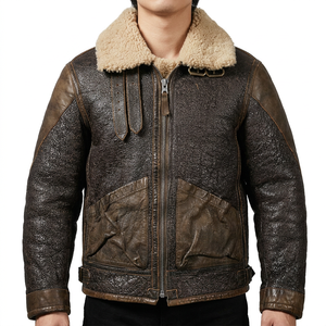 <b>Men</b> Vintage Genuine Leather <b>Sherpa</b> Lined Bomber <b>Jacket</b> Windproof Winter Outerwear Motorcycle Pattern - Product Image 2
