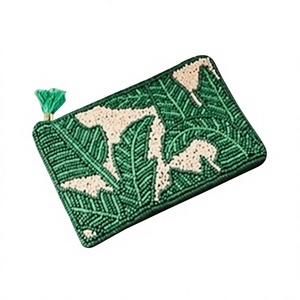 Beaded <b>Coin</b> <b>Purse</b> Embroidered Green Leaf Pattern Handmade Zipper Closure Bohemian Style Mini Unisex - Product Image 1
