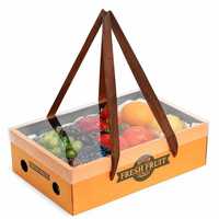 Panier-cadeau en carton ondulé avec poignée de transport et fenêtre transparente, en papier rigide, pour l'emballage de fruits et légumes frais