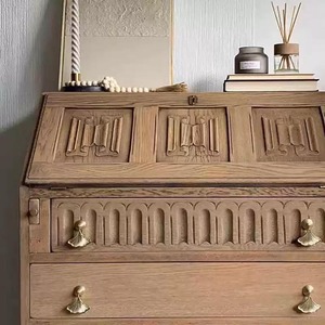 <b>Gothic</b> Carved Distressed Solid Oak Secretary Bureau Vintage French Farmhouse Flip Top Writing Desk Chest With 4 Drawers <b>Bedroom</b> - Product Image 4