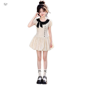 Robe courte à pois à manches bouffantes et taille bouffante pour filles, tenue d'été - Product Image 4