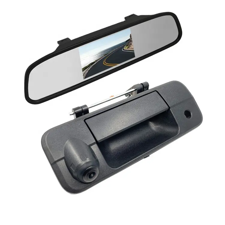 JEBUS Monitor kaca spion 4.3 inci, dengan pegangan Tailgate kamera mundur mobil untuk Tundra 2007-2013