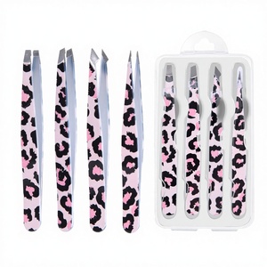 Juego de pinzas para cejas de acero inoxidable con punta inclinada y estampado de leopardo, ecológicas, para maquillaje y pestañas postizas. - Product Image 3