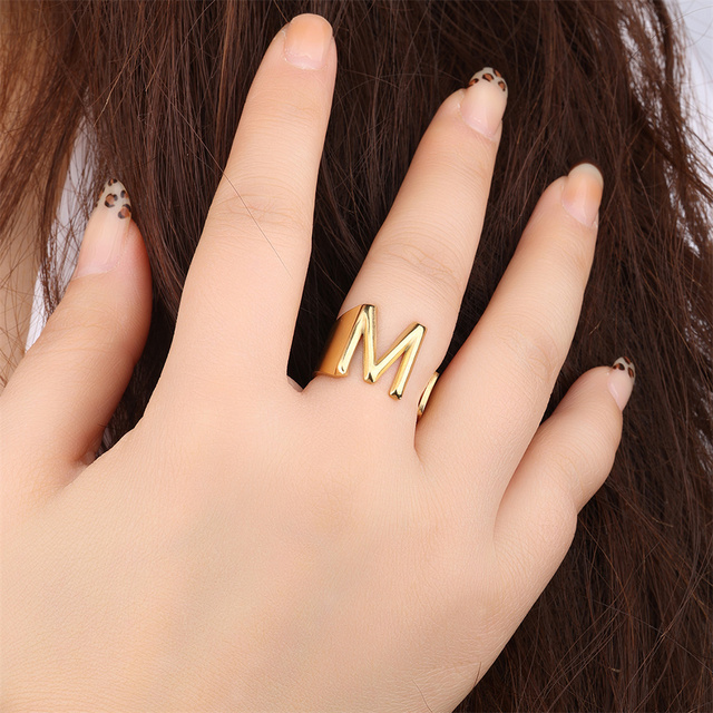 New Arrivals Hot Selling Gold Plated A-Z Alphabet Letter Open Chunky Ring Irregular Adjustable Open Initial Ring
