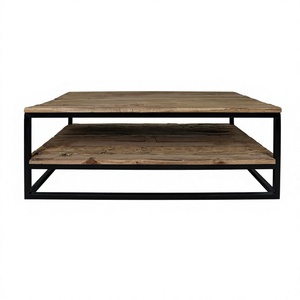 Mesa de Centro Rústica de Madera Reciclada con Estructura Metálica, Dos Niveles de Almacenamiento, Mueble Moderno para Sala de Estar - Product Image 4